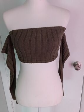 SHEIN Olive Brown Ribbed Off-Shoulder Crop Top